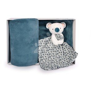 Deka pro nejmenší Yoca le Koala Doudou et Compagnie s plyšovou koalou na mazlení modrá 70*100 cm v dárkovém balení od 0 měsíců
