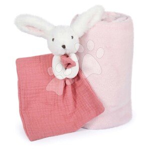 Deka pro nejmenší Bunny Happy Boho Doudou et Compagnie s plyšovým zajíčkem na mazlení růžová 100*70 cm od 0 měsíců